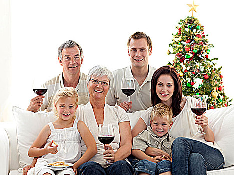 家庭,喝,葡萄酒,吃,甜食,圣诞节