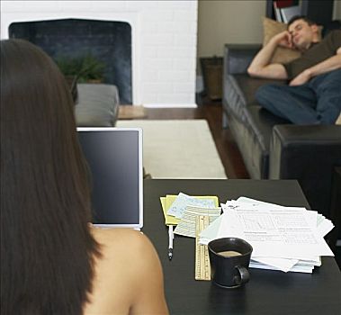 女人,工作,电脑,男人,打盹,沙发