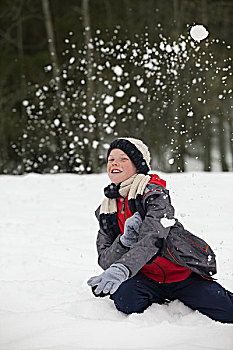 头像,高兴,男孩,享受,打雪仗