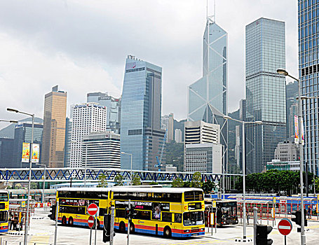 城市,巴士,正面,天际线,香港,亚洲