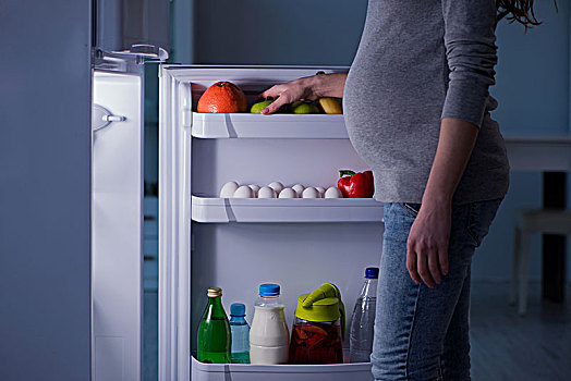 孕妇,靠近,电冰箱,觅食,夜晚