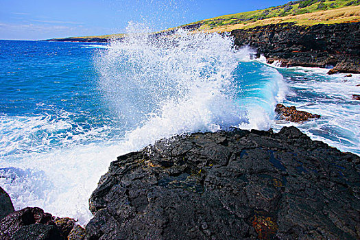 波浪,碰撞,岩石上,岸边,夏威夷,美国