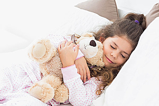 小女孩,睡觉,泰迪熊,床上