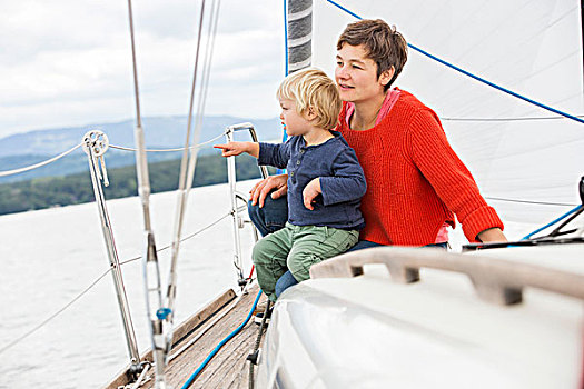 母亲,儿子,帆船,观景,日内瓦,瑞士,欧洲