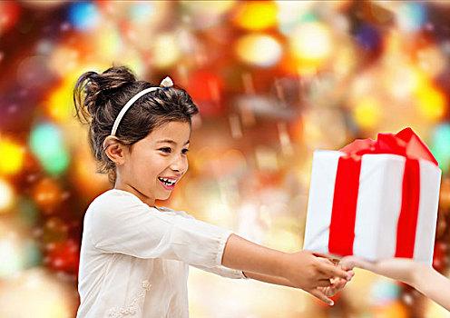 休假,礼物,圣诞节,孩子,人,概念,微笑,小女孩,礼盒,上方,红灯,背景