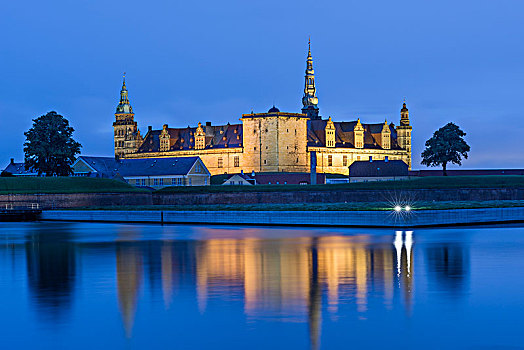 城堡,要塞,夜晚,丹麦,欧洲