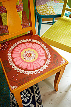 座椅,木椅,涂绘,粉色,红色,花,创意,正面,彩色,椅子