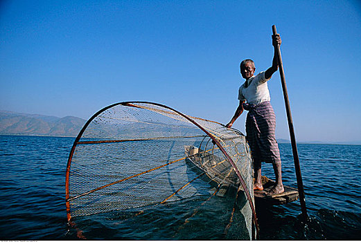 钓鱼,男人,茵莱湖,缅甸