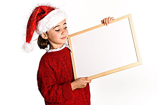 小女孩,戴着,圣诞帽,拿着,留白,白色背景,背景,邀请,圣诞节,活动,冬服