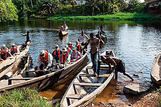 非洲,喀麦隆,旅游,汇集,传统,独木舟,渔船,拿,河