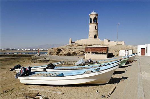 渔船,港口,沙尔基亚区,区域,阿曼苏丹国,阿拉伯,中东