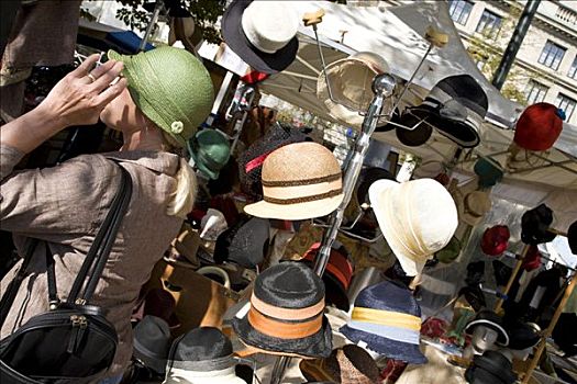 女人,试穿,帽子,销售,跳蚤市场,苏黎世,瑞士