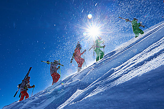五个,男性,滑雪,向上,陡峭,日光,山坡,白杨,科罗拉多,美国