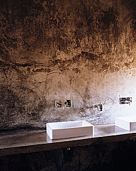 排,水槽,坐,一个,上漆,混凝土墙,大,浴室