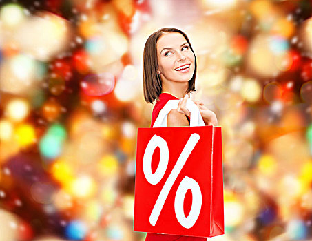 销售,礼物,圣诞节,休假,人,概念,微笑,女人,红裙,购物袋,百分号,上方,红灯,背景