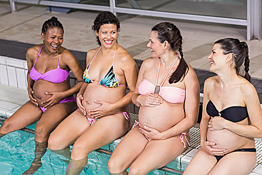 微笑,孕妇,接触,腹部,游泳池