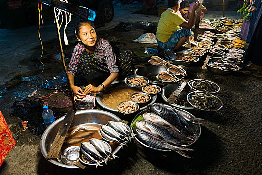 鱼肉,销售,街边市场,道路,仰光,区域,缅甸,亚洲