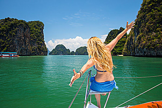 后视图,女人,游艇,展开双臂,苏梅岛,泰国,亚洲