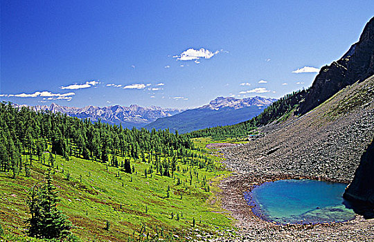 高山,山中小湖,全景,山脊,班芙国家公园,艾伯塔省,加拿大