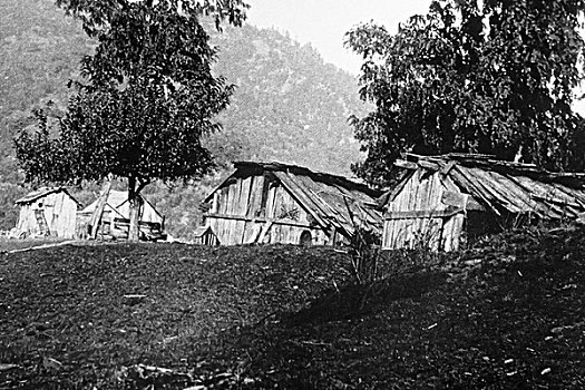 1898年,历史,黑白照片,乡村,河,建筑,建造,雪松,木板