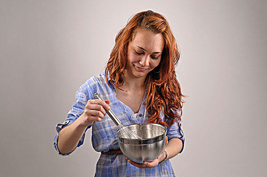 女青年,红发,混合,搅拌器,不锈钢,碗