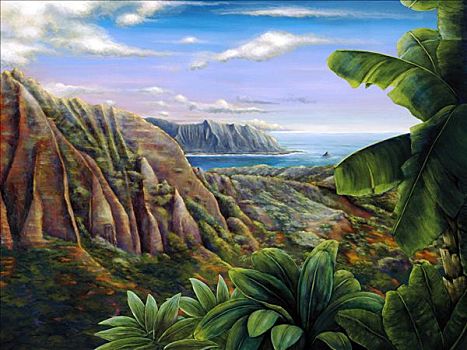 早晨,夏威夷,瓦胡岛,风景,山峦,海洋,丙烯酸树脂,绘画