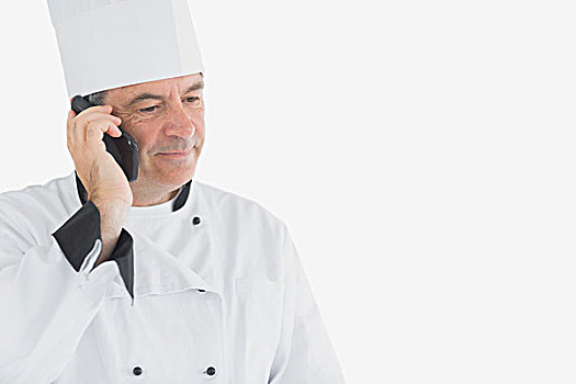 男性,厨师,打电话,站立,白色背景