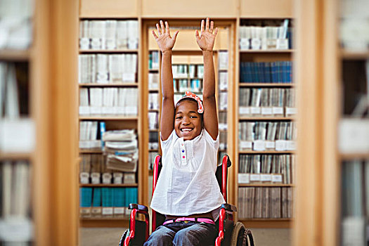 合成效果,图像,女孩,轮椅,学校,走廊,图书馆