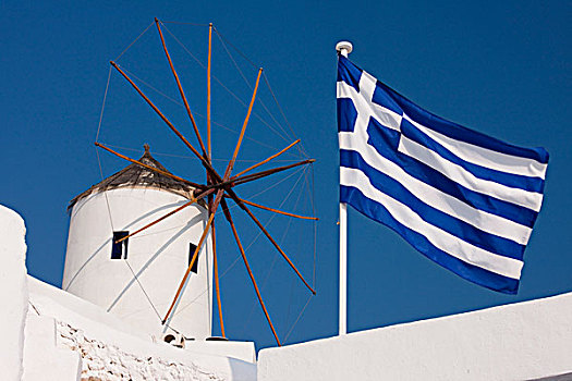 风车,希腊国旗,锡拉岛,希腊