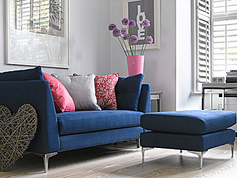 蓝色,沙发,脚凳,现代生活,房间