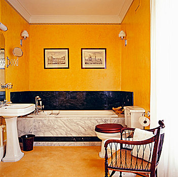 黄色,卫生间,浴缸,基座,水槽,老式,椅子