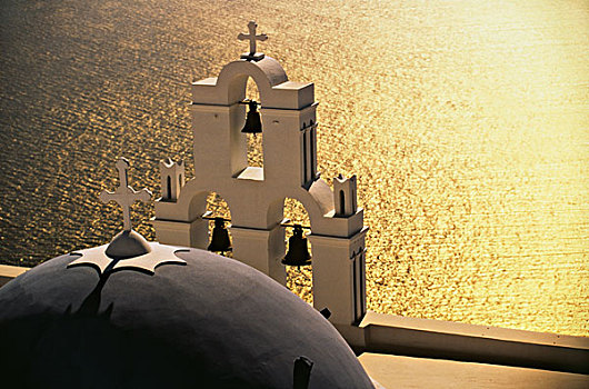 希腊,基克拉迪群岛,锡拉岛,海边,教堂塔,钟,大幅,尺寸