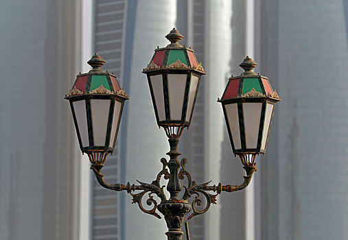 路灯,正面,摩天大楼,滨海路,阿布扎比,阿联酋,亚洲