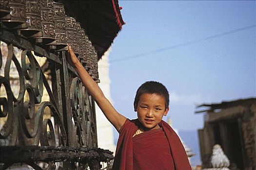 僧侣,转经轮,佛教,男孩,尼泊尔,亚洲