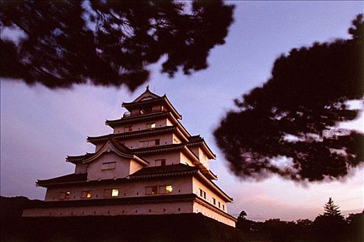 日本,城堡,黃昏