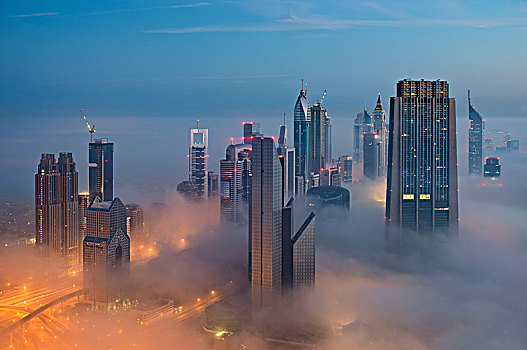 城市,光亮,摩天大楼,高处,云,迪拜,阿联酋