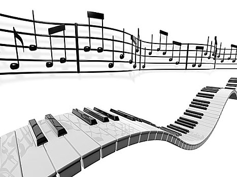 乐谱,弯曲,后面,钢琴,按键,上方,白色背景