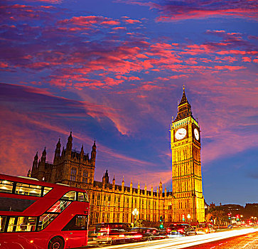 大本钟,伦敦,巴士,日落,英格兰