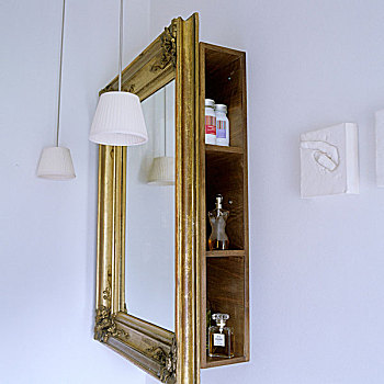 浴室,角,镜子,金色,正面,架子,开着,吊灯,白色,玻璃