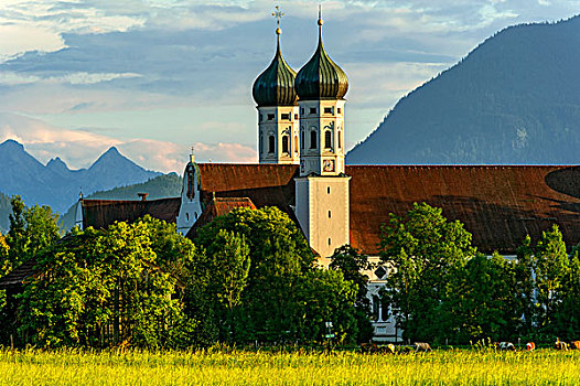大教堂,本笃会修道院,本尼特伯扬,后面,右边,阿尔卑斯山,背影,多,山脉,上巴伐利亚,巴伐利亚,德国,欧洲