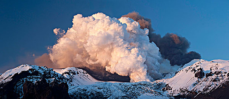 全景,两个,云,火山爆发,火山,黑色,后面,火山口,白云,正面,结果,熔岩流,冰河,冰岛,欧洲