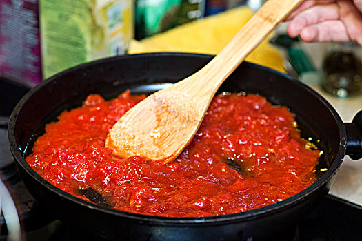 番茄酱,煎锅,木质,抹刀