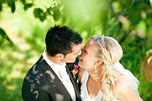 婚礼,情侣,搂抱,吻,一瞬,喜悦