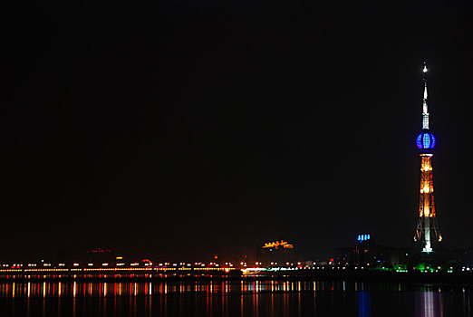 河南洛阳电视台和橡皮坝夜景