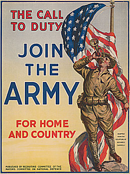军人,吹,靠近,美国国旗,责任,军队,家,国家,一战,招募,海报,美国,历史