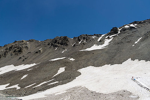 中国新疆夏季蓝天白云下g217独库公路沿途雪山草地