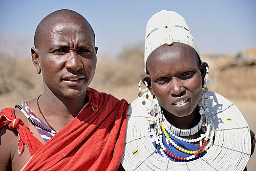马萨伊人,男人,女人,戴着,传统服饰,恩戈罗恩戈罗,保护区,坦桑尼亚,非洲