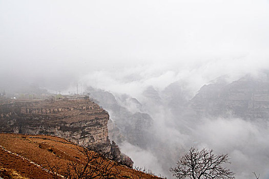 太行山,山村,民居,悬崖,早晨,云雾