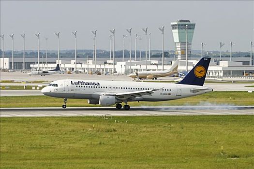 空中客车,降落,汉莎航空公司,慕尼黑机场,巴伐利亚,德国,欧洲