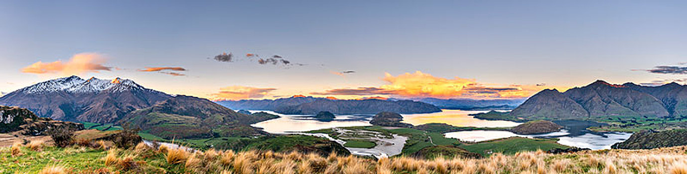 日落,全景,风景,瓦纳卡,湖,山,岩石,顶峰,湾,奥塔哥,南部地区,新西兰,大洋洲